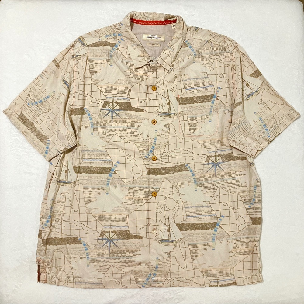 Tommy Bahama Silk Nautical Map Shirt Men's Size 3XL Beige Sailboat Original Fit